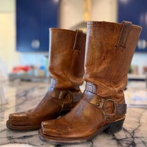 Brown Leather Harness Boots - womens FRYE sz8 moto western boot